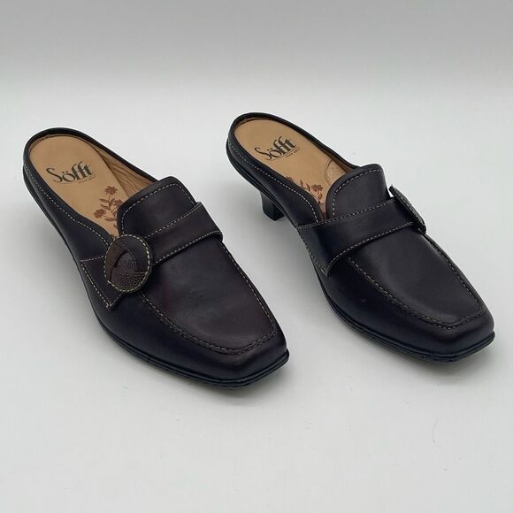 SOFFT Leather Slip-on Shoes Women’s Size 8.5 Cognac Brown Square Toe Kitten Heel - Picture 3 of 15